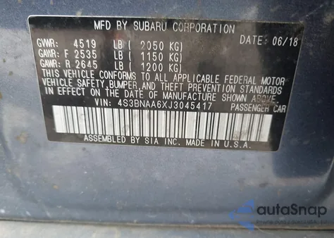 2018 Subaru Legacy 2.5I from USA, damaged, VIN 4S3BNAA6XJ3045417